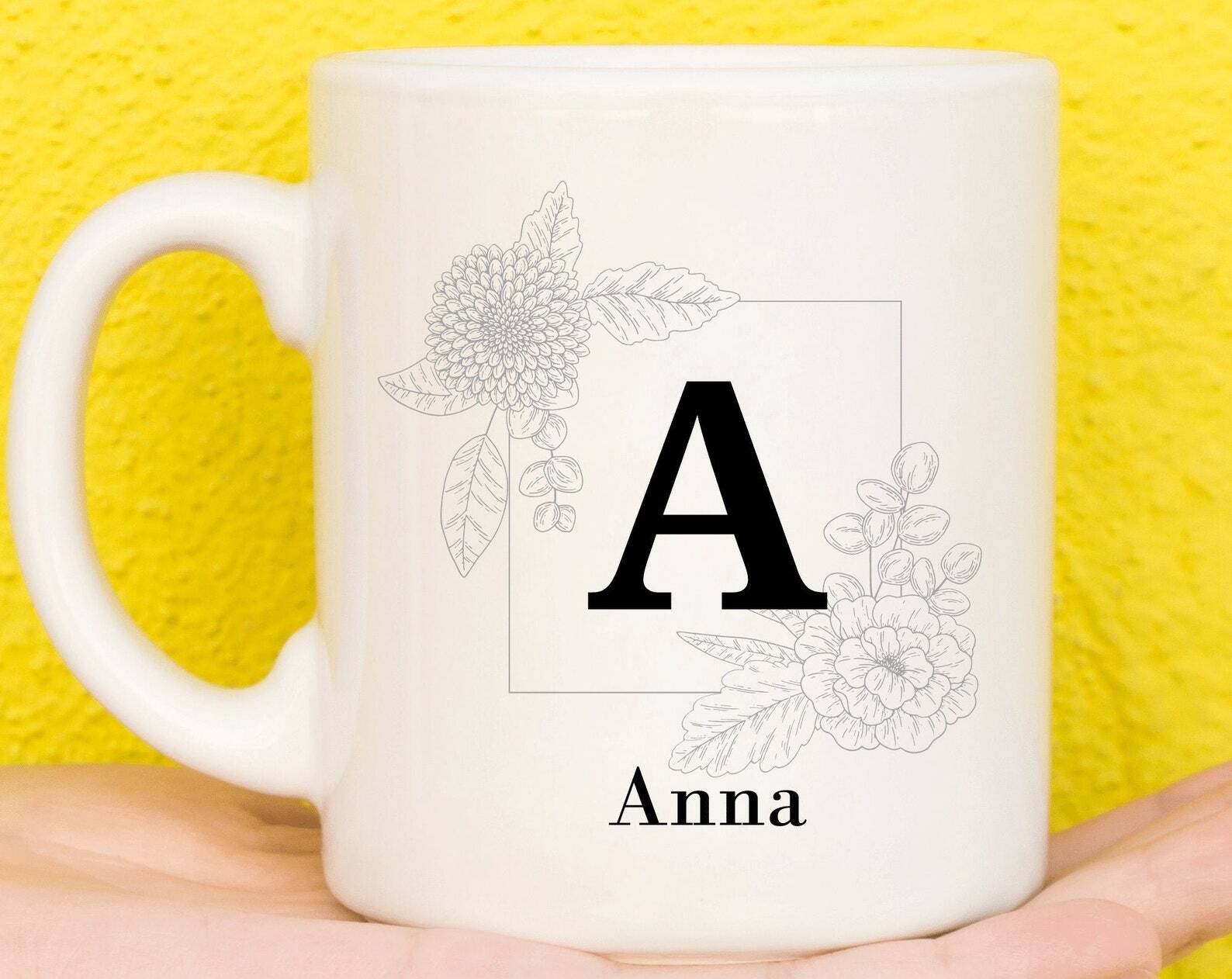 Personalised Initial Mug Floral Letter Alphabet Print Custom Mug Personalised