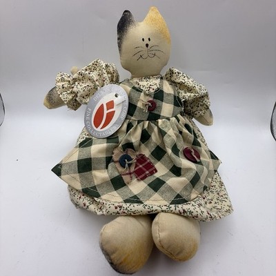 Delton Vtg Cat Doll Girl green floral print dress Shelf Sitter Primitive Cottage