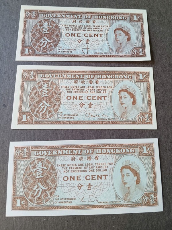 3 - Hongkong 1 Cent Banknotes ,p-325  Signed ,   a b d