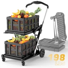 1 Trolley & 2 Folding Baskets Heavy-duty Collapsible Double Folding Service Cart