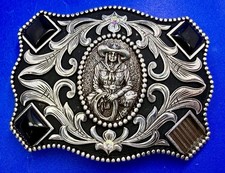 Roping Cowgirl Black  Gold Western Silver Tone Belt Buckle - Missing Rhinestone