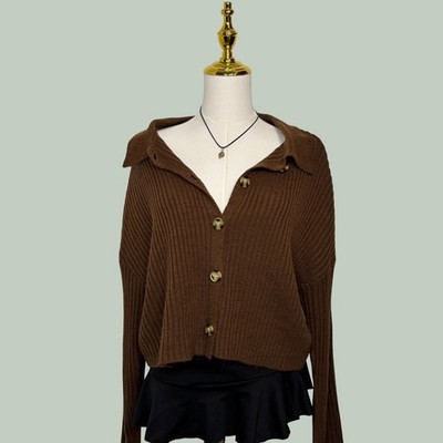 chocolate brown chunky rib knit crop sweater cardigan Y2K granola boho cottage