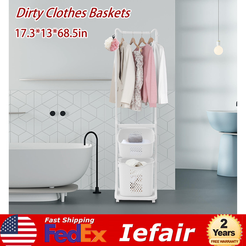 Laundry Basket Plastic Clothes Storage 2 Section Organizer Hamper Rack Shelf