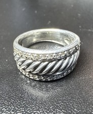 David Yurman Sterling Silver 925 Pave Diamonds Cigar Band Ring Size 6.75, 7.5g
