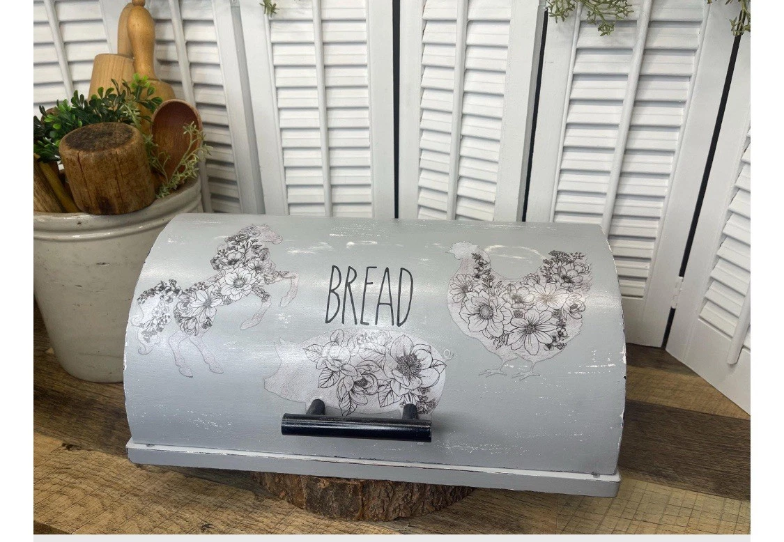Gray Metal Bakery Bread Box Bin with Chicken Horse Pig Butterfly Rabbit Details