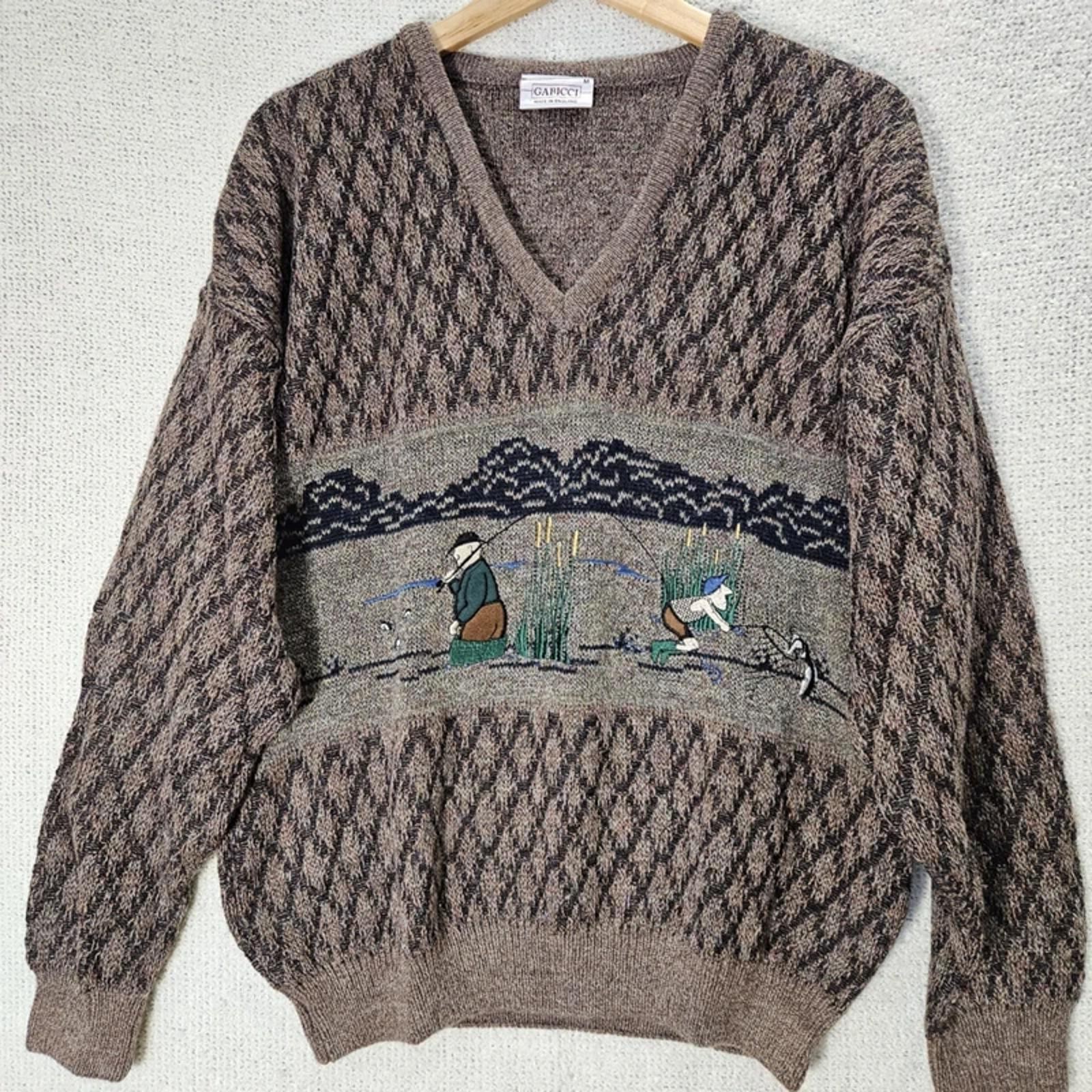 New Gabicci Vintage Knitted Golf V Neck Jumper Brown Alpaca Wool Mix M/L Rare
