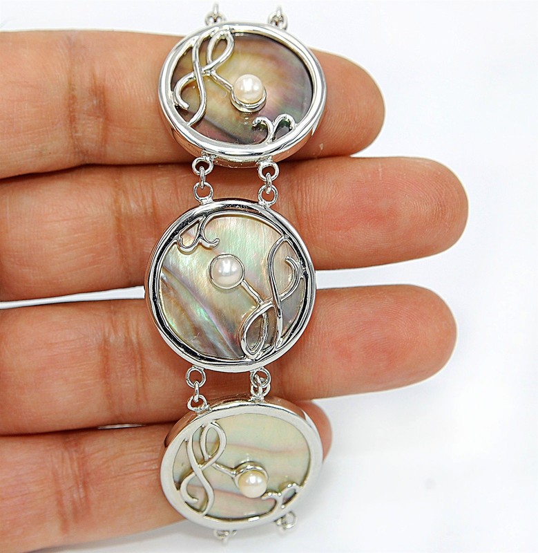 Natural Abalone Shell & Biwa Pearl 925 Sterling Silver Tennis Bracelet SQ6
