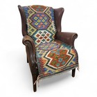 Bright long geometric traditional Kilim wool carpet / rug / runner