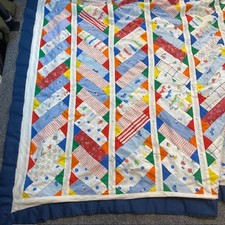 Vintage Handmade String Chevron Quilt 54x80 Blue White Cottagecore Patchwork Kid