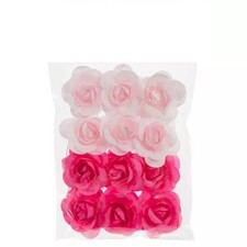 New 12 PCS Mini Dark  Light Pink Paper Roses with Thin White Stem Crafting