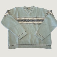 Private Eyes Vintage Fair Isle V-Neck Sweater Light Blue Nordic Knit Made in USA