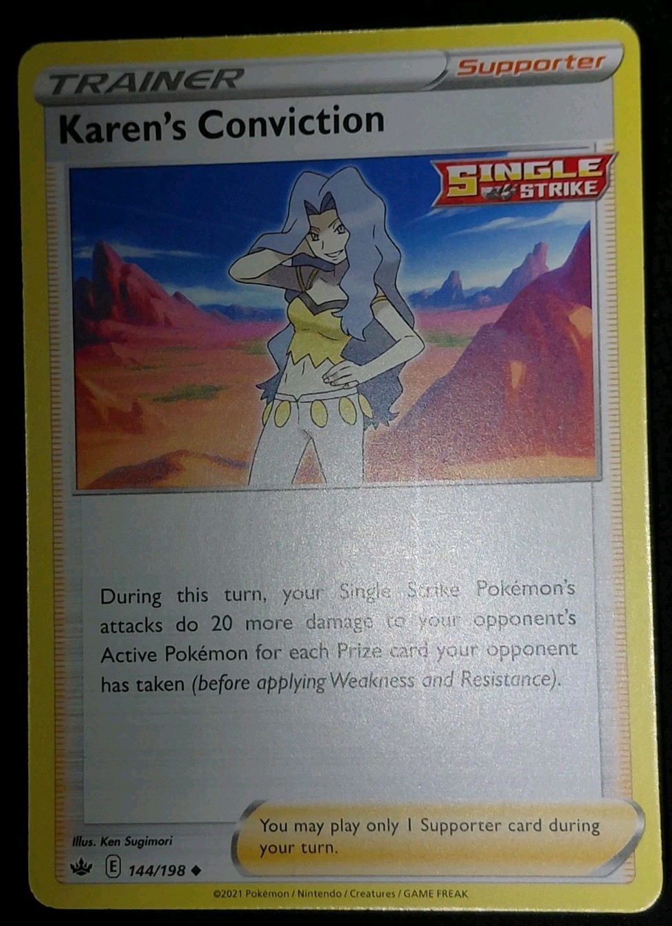 Pokemon TCG Supporter Card: KAREN'S CONVICTION 144/198 Single Strike | Uncommon