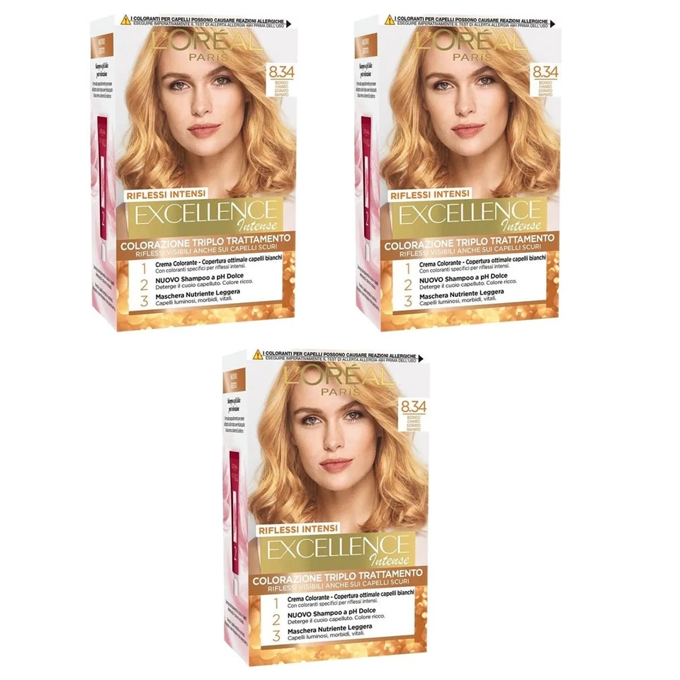 3pz L’Oreal Excellence crema colore capelli 8.34 biondo chiaro dorato ramato - Immagine 3 di 4