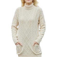 Tunic Sweater Turtleneck Cable Knit Merino Wool Pockets Cream Women Size Medium