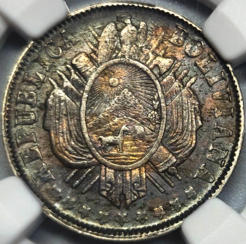 20 Centavos 1877 PTS FE Potosi UNION ES LA FUERZA Republic Bolivia AU NGC Silver