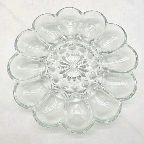 Vintage Anchor Hocking Deviled Egg Plate 1940s Clear Glass Heavy 12 Slot Dish