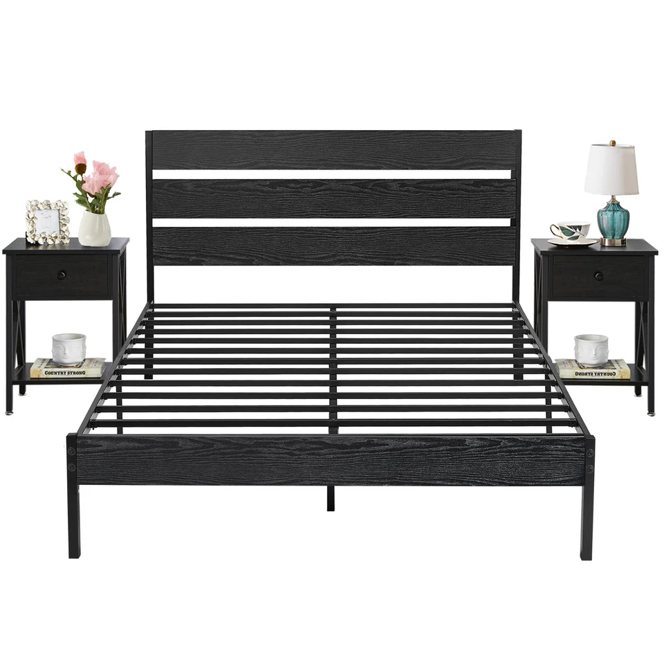 Juego de muebles de dormitorio de 3 piezas moderno queen tamaño completo marco de cama con 2 mesitas de noche Foto 2 de 4