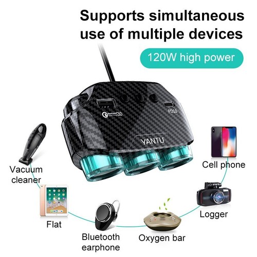 12V 3 Way Car Cigarette Lighter Socket Splitter USB Type C PD QC3.0 Fast Charger - Picture 7 of 14