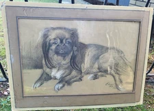 Vintage original graphite drawing of Pekingese dog by Curt W Unger signed 1939
