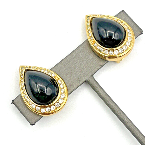 Vintage CHRISTIAN DIOR Pave Crystal Black Cabochon Clip On Earrings Gold Tone - Picture 8 of 9