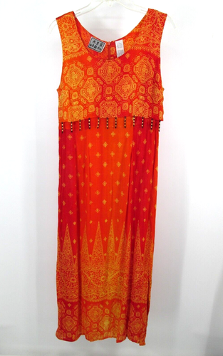 MPH Maxikleid Damen Large Orange Krepp Boho Bohemian Perlen Ärmellos Vintage