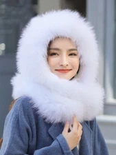 Real Fox Fur Scarf Hat One Pieces Women Winter Warm Cap Fluffy Soft White Black