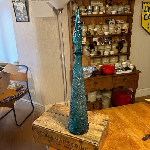 Vintage Teal Blue Italian Empoli Glass Wave Design Genie Bottle Great