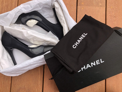 CHANEL Blue/Black Mesh Pointed Toe Pumps Size 36.5 /6 - Orig Box Dust Bags