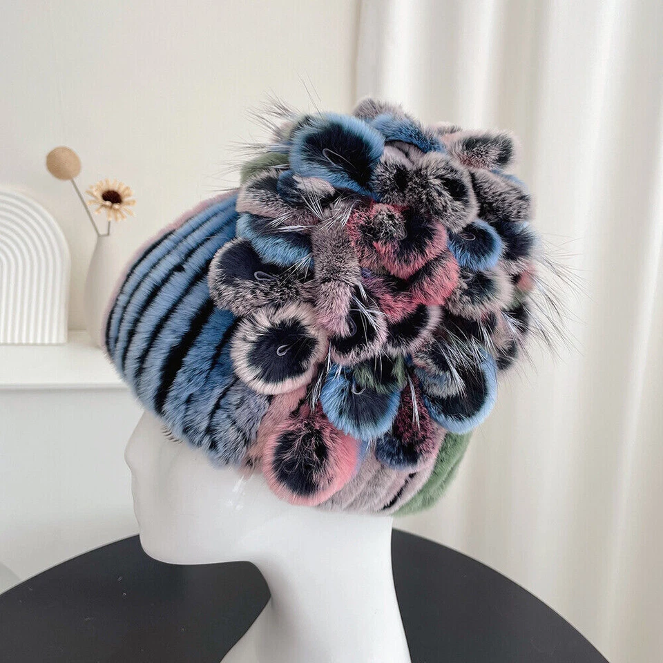 Women's Real Rex Rabbit Fur Hat Winter Warm Knitted Stretch Beanie Outdoor Cap - Image 3 of 4