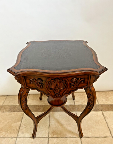 Vintage Maitland Smith Table French Country Carved Walnut Embossed Metal inlay - Picture 7 of 12