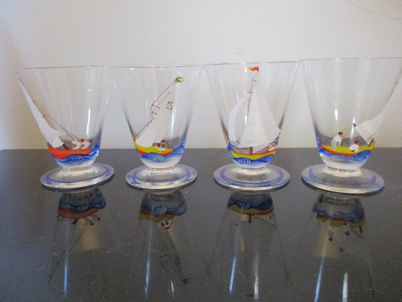 4 Vintage Enamel Hand Painted Racing Sail Boat Nautical Cocktail Liqueur Glasses
