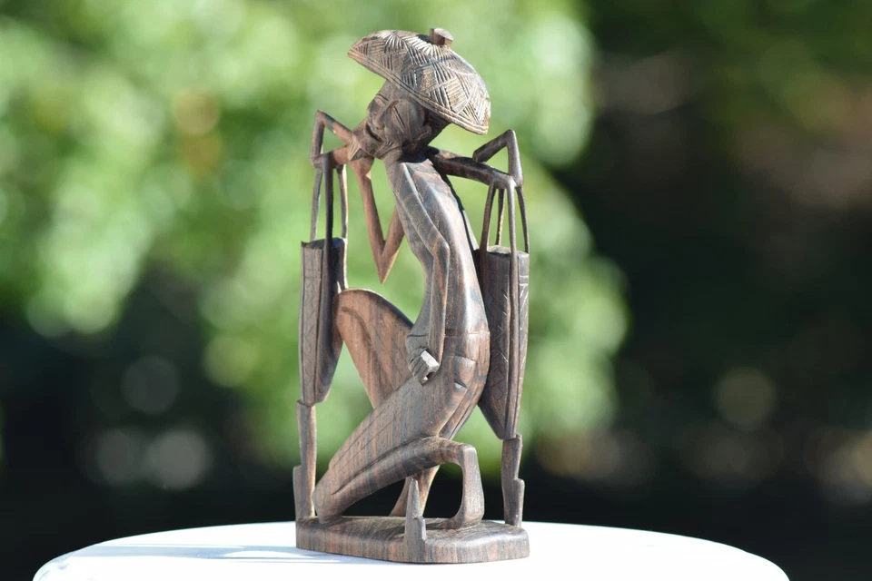 ANTIGUA ESTATUA CHINA DE MADERA TALLADA EN MADERA DE BURLWOOD PESCADOR CAZADOR FIGURA Foto 4 de 4