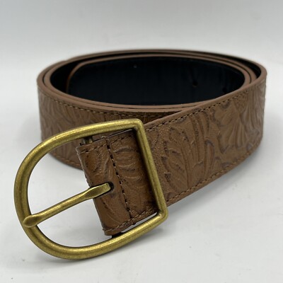 Frye Brown Tooled Leather Belt with Aged Brass Buckle Frye Western Tooled Brown Leather Belt Unisex Size Large 43  main image 2