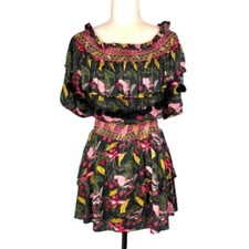 Red Carter off-shoulder dress, smocked, pompoms, tropical floral (size S)