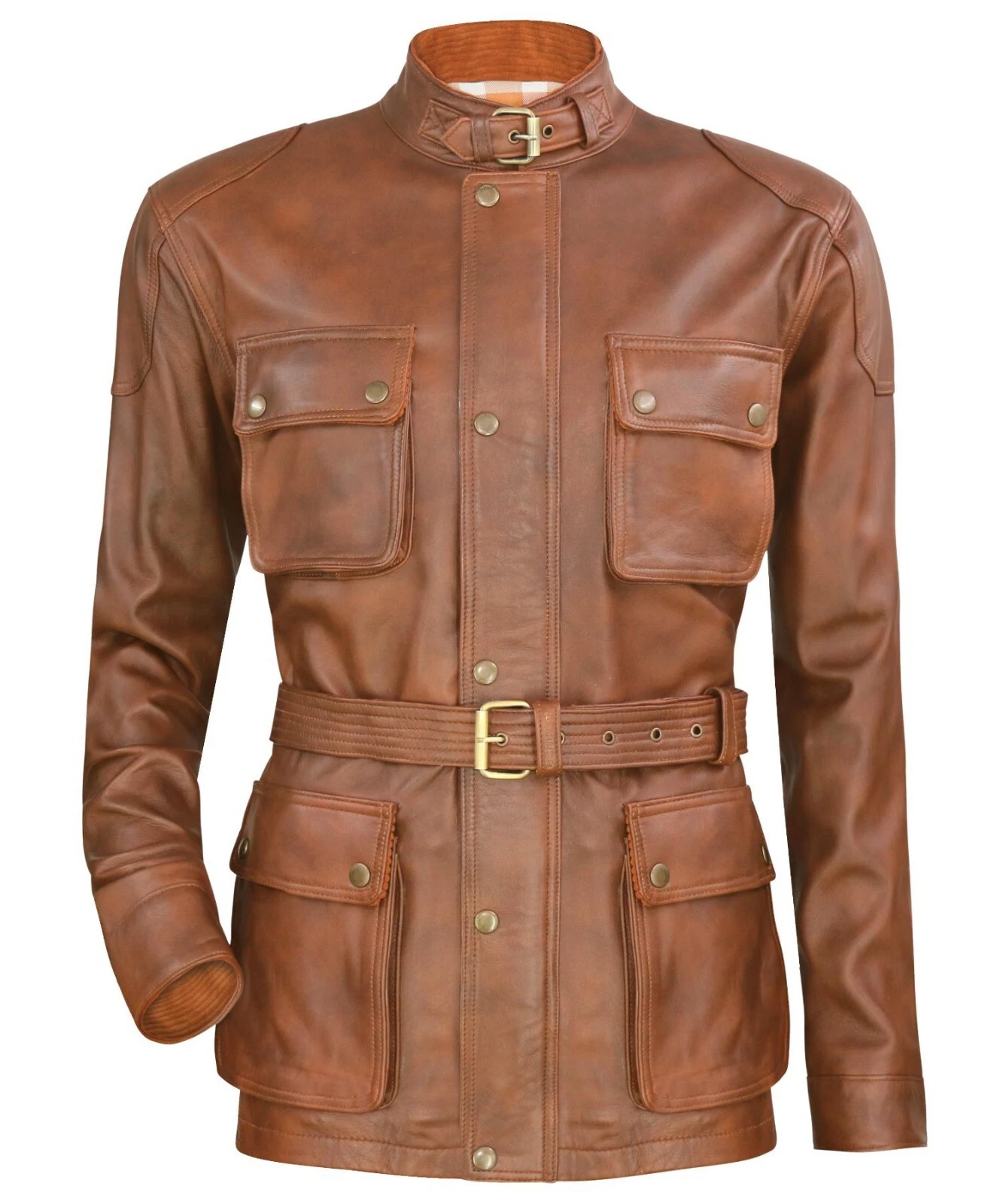 Men's Vintage Brown Panther Genuine Leather Military Jacket Benjamin Motorcycle