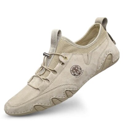 Genuine Leather Men's Breathable Casual Shoes Elastic Band Flat Walking Shoes