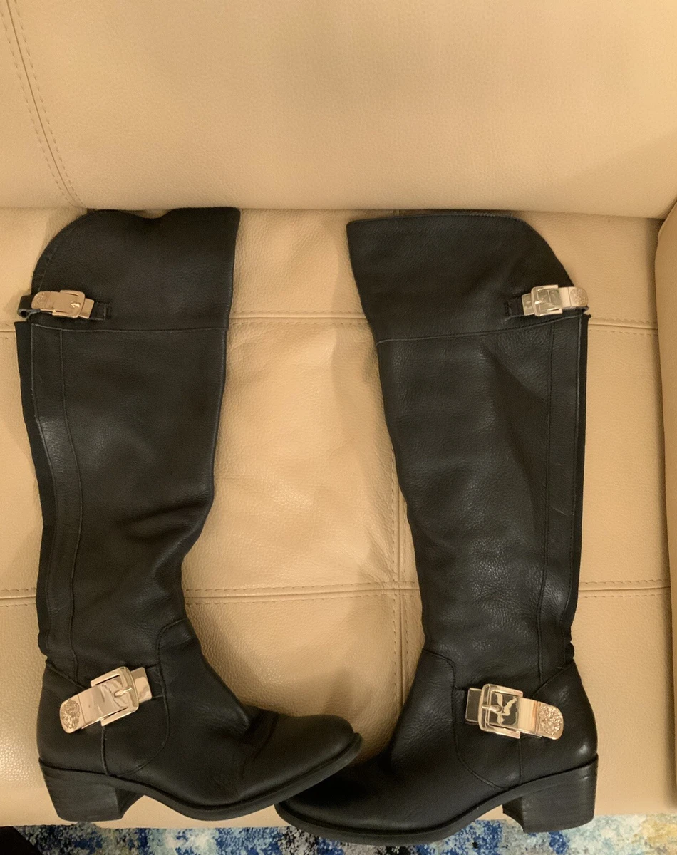 Vince Camuto Black Leather and Textile Tall Boots With Gold Buckles 6.5