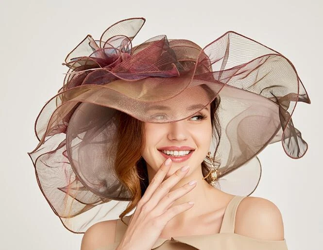 New Women's Big Floral Party Summer Wedding Noble Dress Organza Rolled brim hat