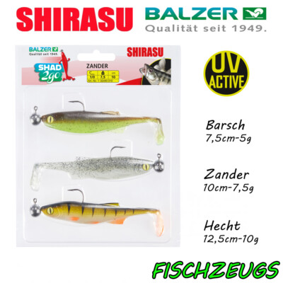 Balzer Shirasu Shad 2 Go Zander Barsch Hecht 3er Set Gummifisch Köder Jigkopf