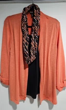 By Design Vintage Women’s Orange Black 3-Piece Set L Cardigan Scarf & Shirt