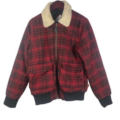 Bellfield Red Plaid Wool Blend Bomber Jacket Sherpa Collar Men's M Britain