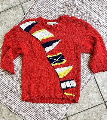 CHAUS Boat Flags Red Sweater 80s 90s Long Slouchy Womens M