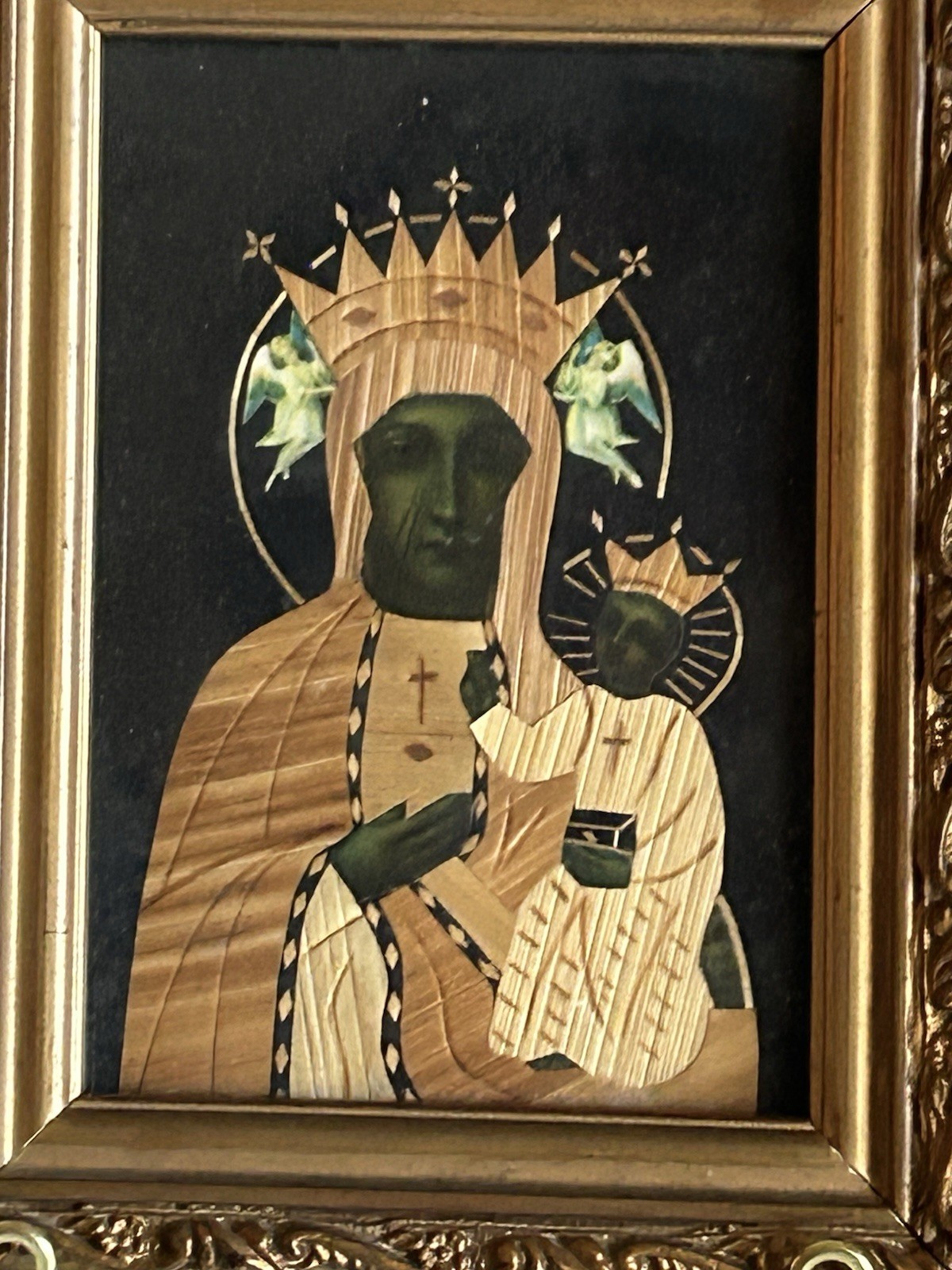 Polish Black Madonna & Child Straw Marquetry Icon Vintage Gold Frame 5x7