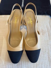 Chanel Goatskin Grosgrain Cap Toe Sling back Heel Two Tone Beige Black Sz 37