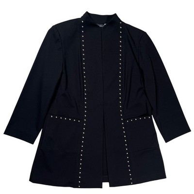 Ming Wang Studded Open Front Jacket Womens Small Black 3/4 Sleeve Knit Academia