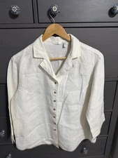 Kleen Women's Beige L Brown Trim Heavy Linen Tunic Top Lagenlook EUC