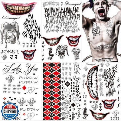5 Large-size Sheets Halloween Temporary Tattoos for Joker, Halloween Fake Tat