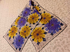 VTG VERA SILK HAND ROLLED EDGE FLORAL BLUE VIOLET YELLOW OLIVE CHARTREUS