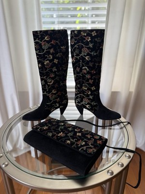 Nando Muzi Y2K Black Velvet Floral Boots 6.5 & Matching Clutch Vntg NWT