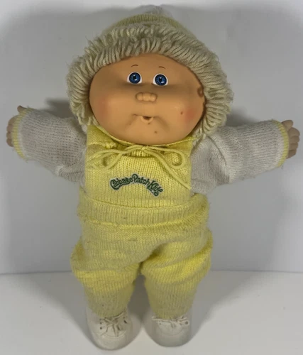 Vintage Cabbage Patch Kids Doll Blonde Hair Blue Eyes Dimple Yellow Overalls Hat